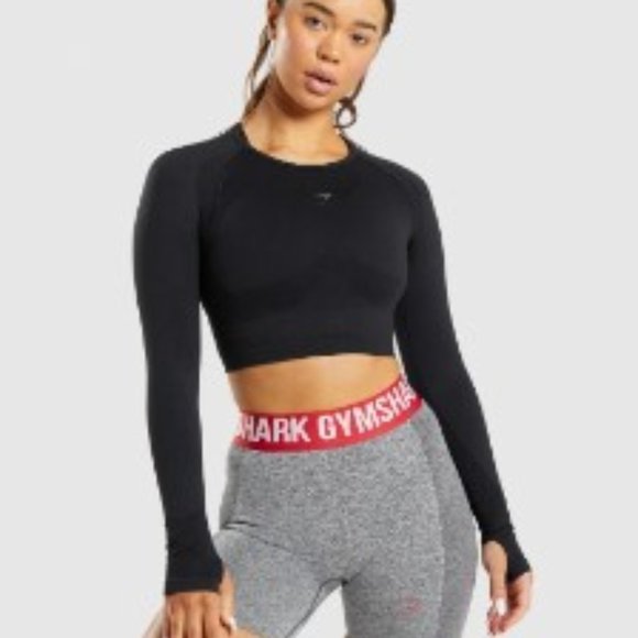 Gymshark Flex Sports Long Sleeve Crop Top - Black/Charcoal - Picture 1 of 3